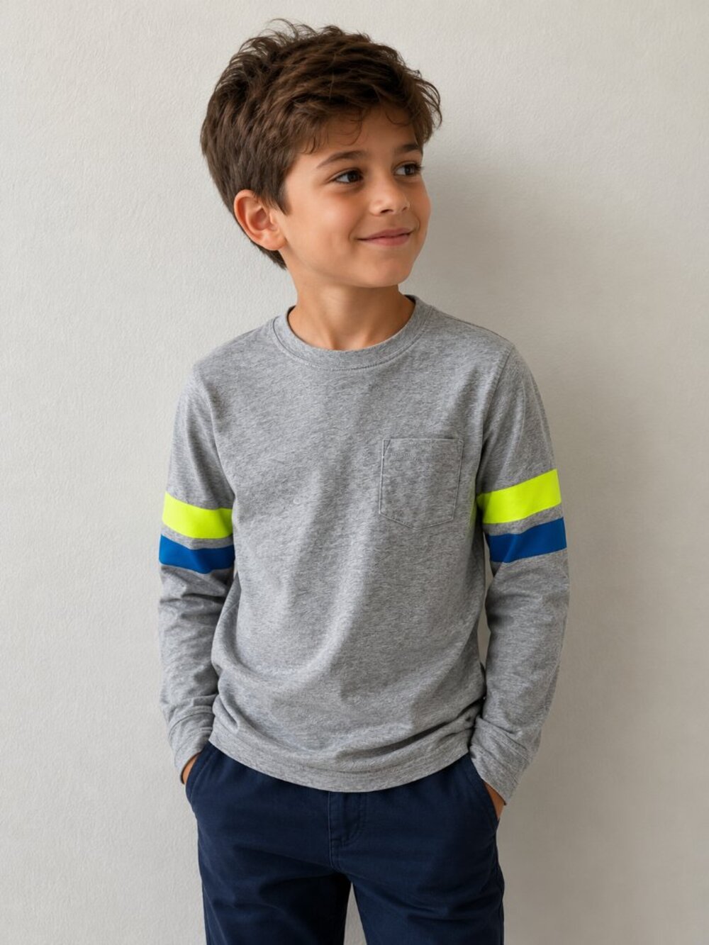 Crewcuts Boys’ Gray Long-Sleeve Shirt – Neon Yellow & Blue Stripes, Size 10